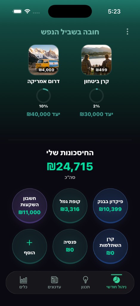 יעדי חיסכון, סה״כ חיסכונות וחיסכון לטיול באפליקציית pkash