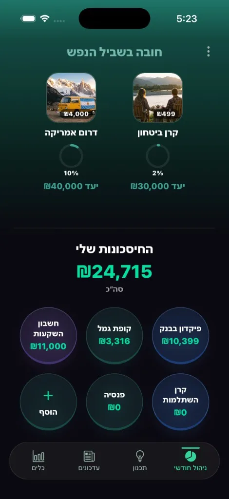 יעדי חיסכון, סה״כ חיסכונות וחיסכון לטיול באפליקציית pkash